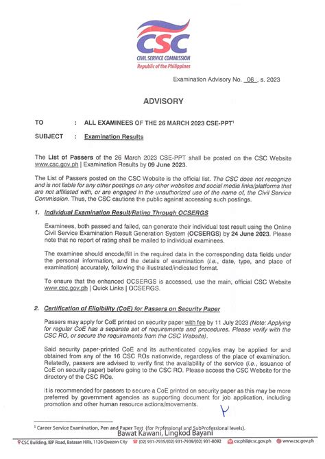 ocsergs csc|Examination Advisory No. 09 s. 2023 .
